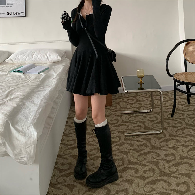 【F60220】實拍微設計不規則V領收腰洋裝250225