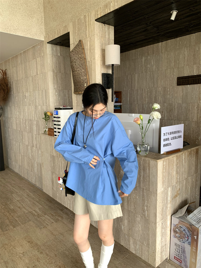 【F034276】實拍韓系復古簡約不規則純棉長袖襯衫250325