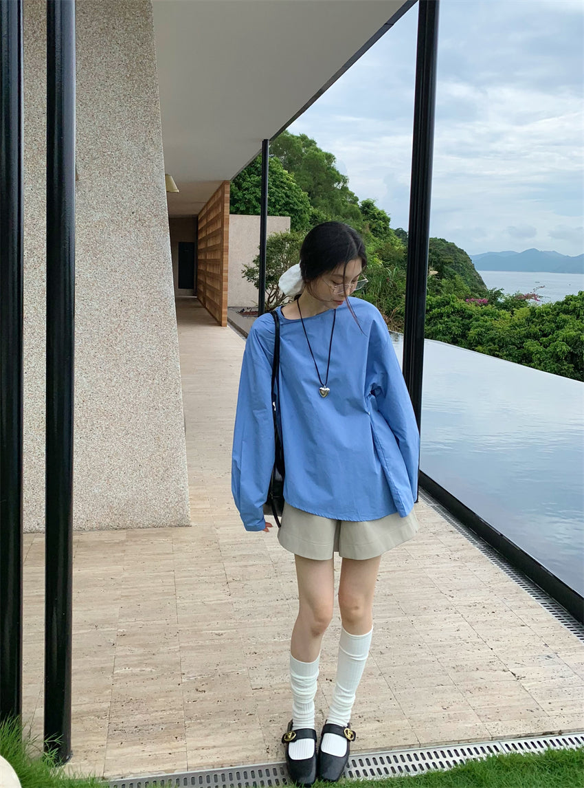 【F034276】實拍韓系復古簡約不規則純棉長袖襯衫250325