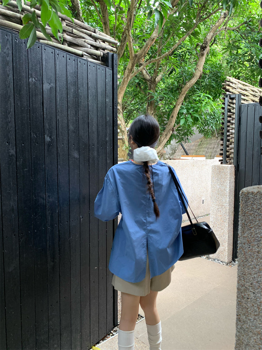 【F034276】實拍韓系復古簡約不規則純棉長袖襯衫250325