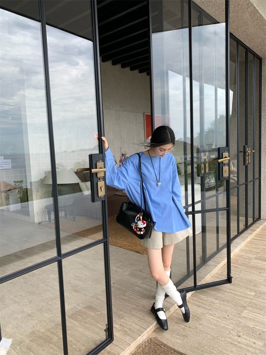 【F034276】實拍韓系復古簡約不規則純棉長袖襯衫250325