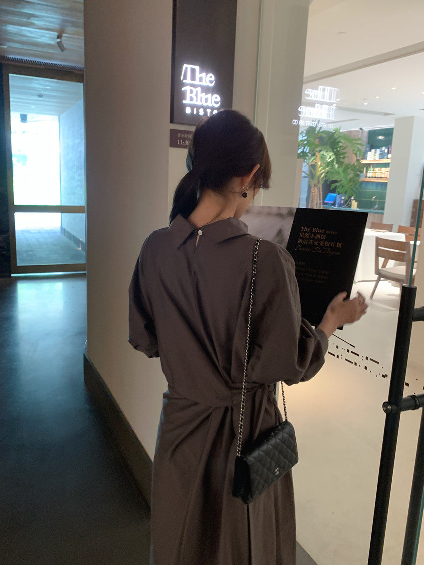 【F60113】實拍法式復古自然褶皺肌理感立領綁帶長洋裝250212