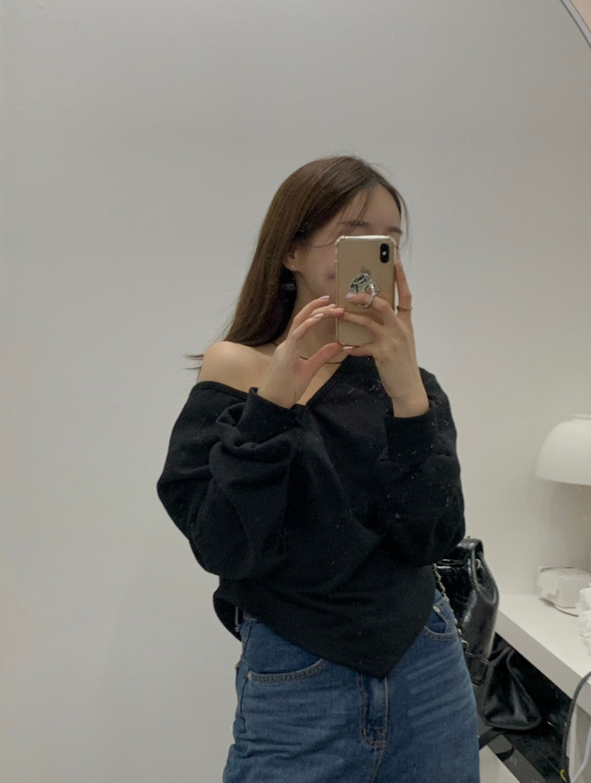 【F01218】早春韓版氣質設計感露肩不規則休閒衞衣250113