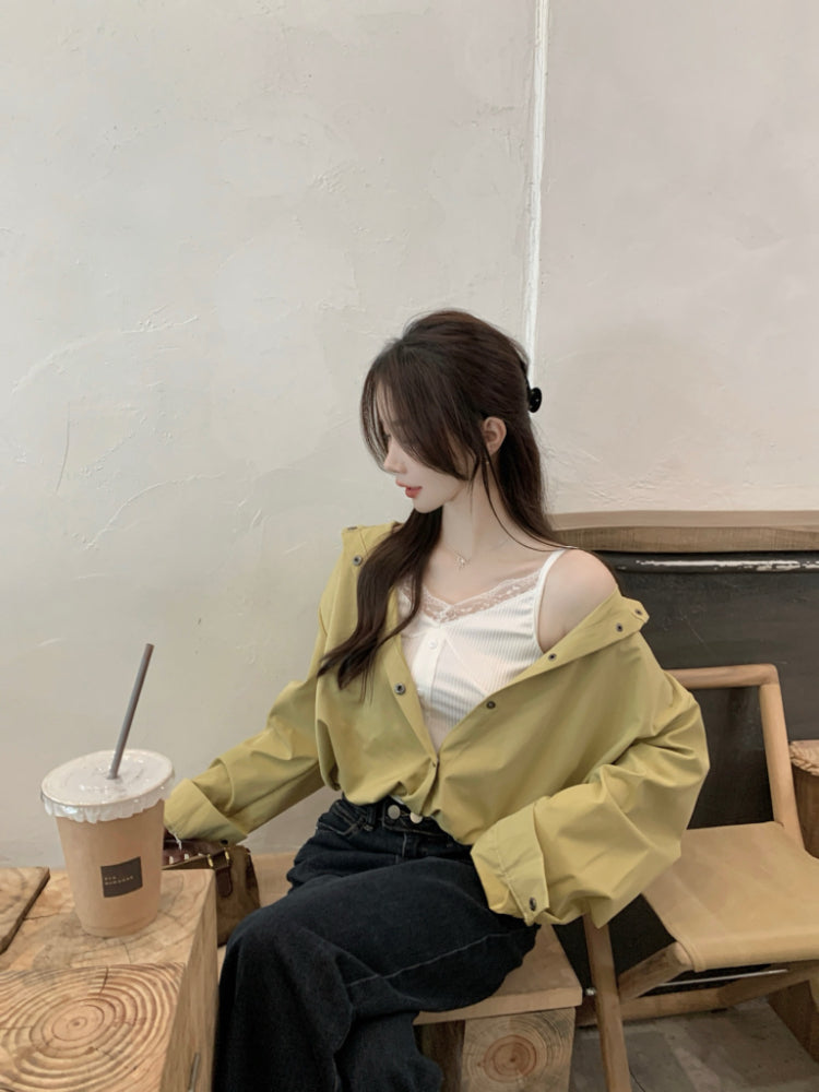 【F60167】實拍韓系假兩件蕾絲邊背心襯衣250218