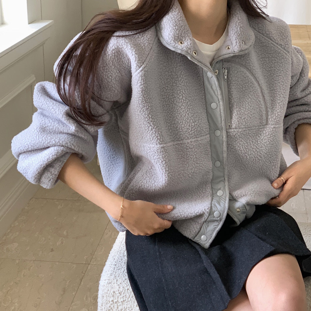 【F01113】顏色超美多色百搭簡約毛絨立領衞衣短外套250106