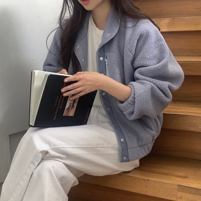 【F01113】顏色超美多色百搭簡約毛絨立領衞衣短外套250106