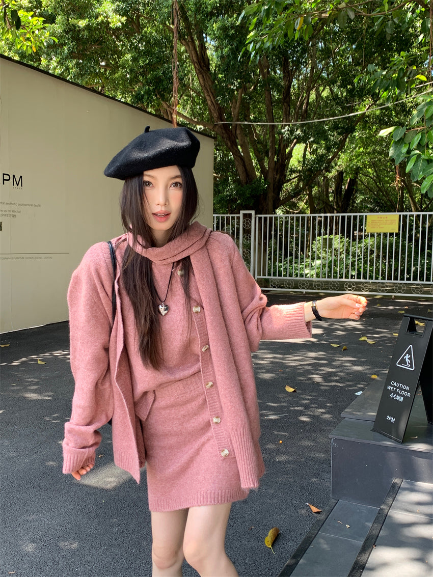 【F01225】實拍韓國原單圓領短袖+毛衣外套+半身裙+圍巾四件套250113