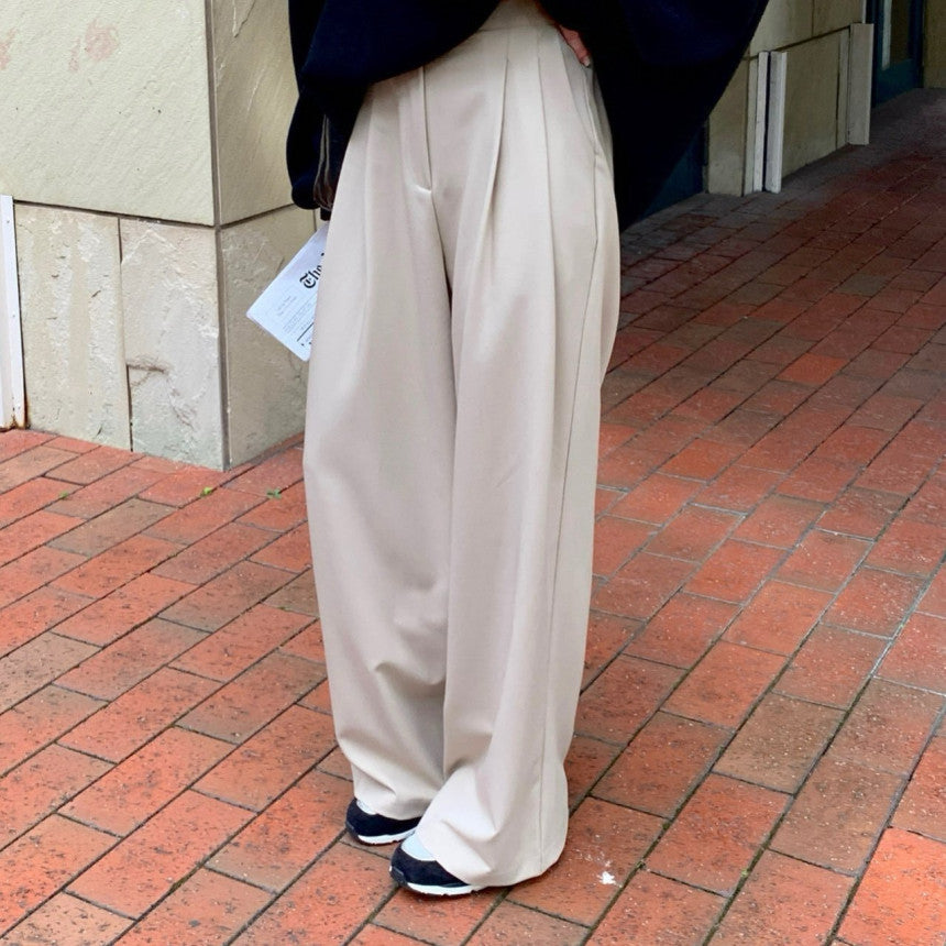 【F11418】韓國法式簡約闊腿休閒西裝褲(後鬆緊腰)241125