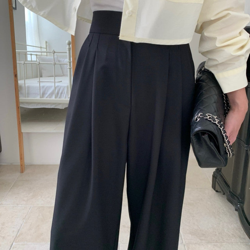 【F11418】韓國法式簡約闊腿休閒西裝褲(後鬆緊腰)241125