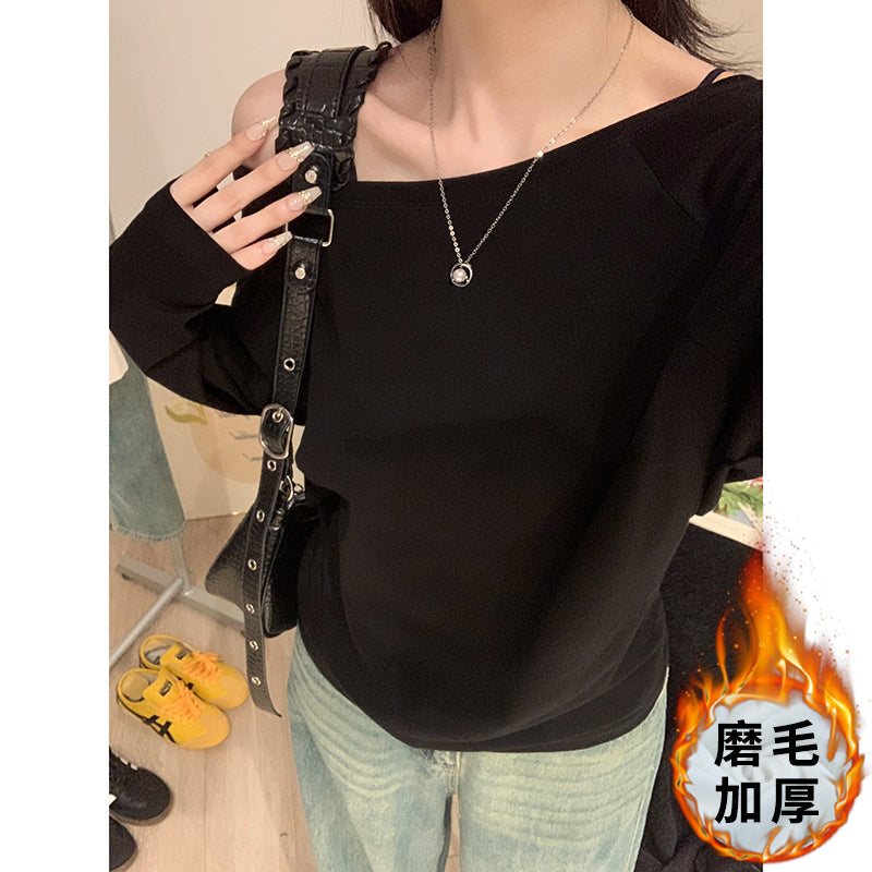 【F032271】實拍S~XL早春個性斜肩一字領長袖T恤/磨毛款250311