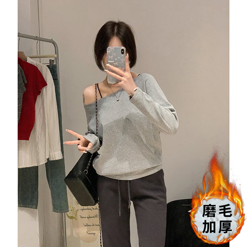 【F032271】實拍S~XL早春個性斜肩一字領長袖T恤/磨毛款250311