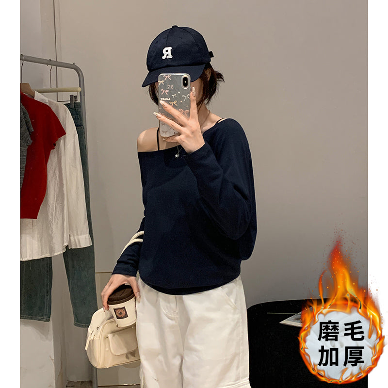 【F032271】實拍S~XL早春個性斜肩一字領長袖T恤/磨毛款250311