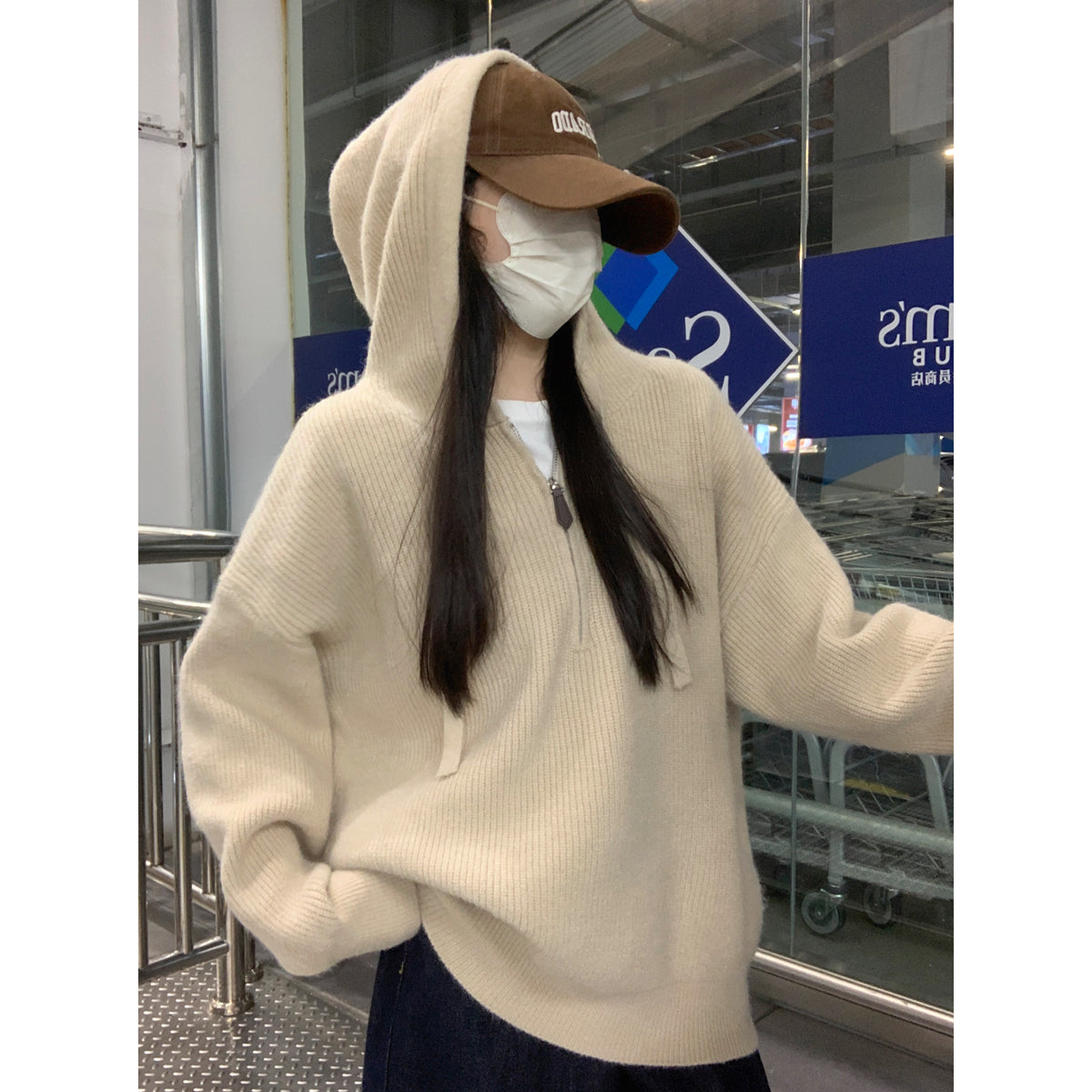 【F11431】實拍秋冬韓版寬鬆連帽北極絨針織衫241125