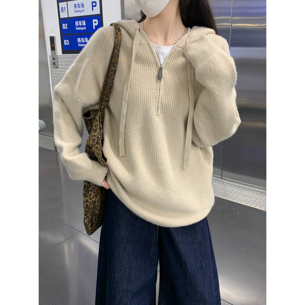 【F11431】實拍秋冬韓版寬鬆連帽北極絨針織衫241125