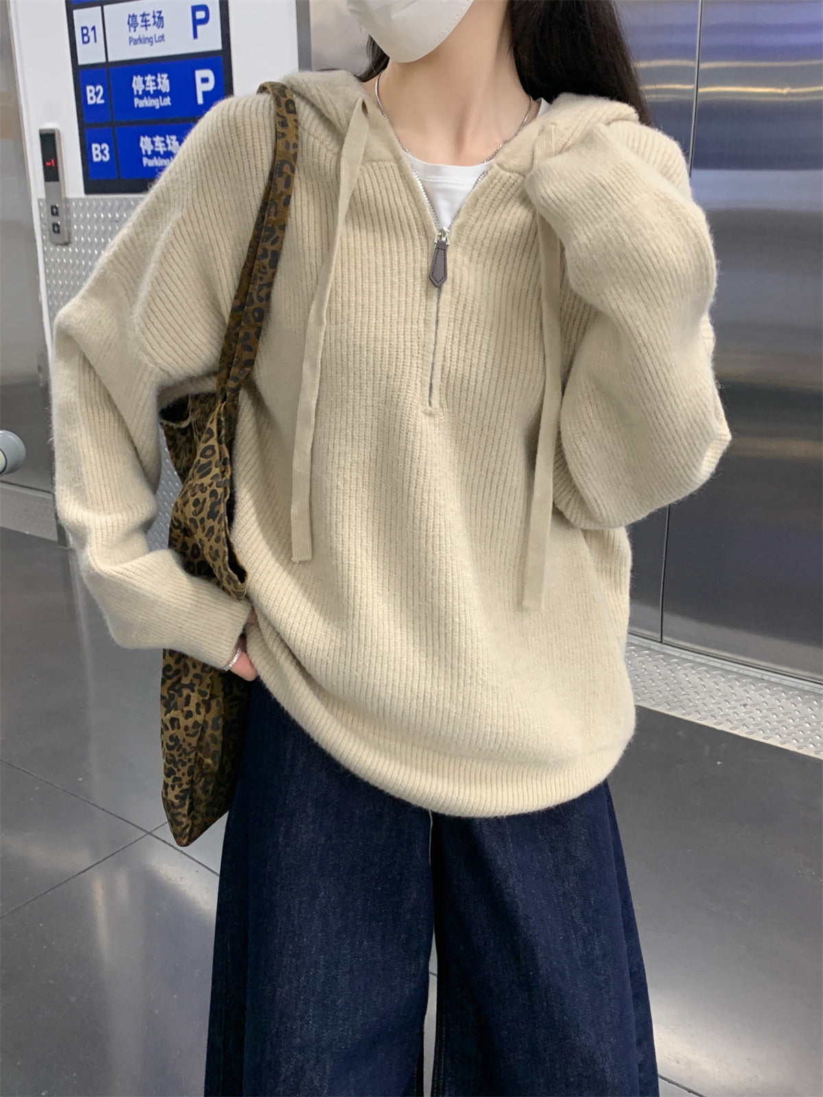 【F11431】實拍秋冬韓版寬鬆連帽北極絨針織衫241125