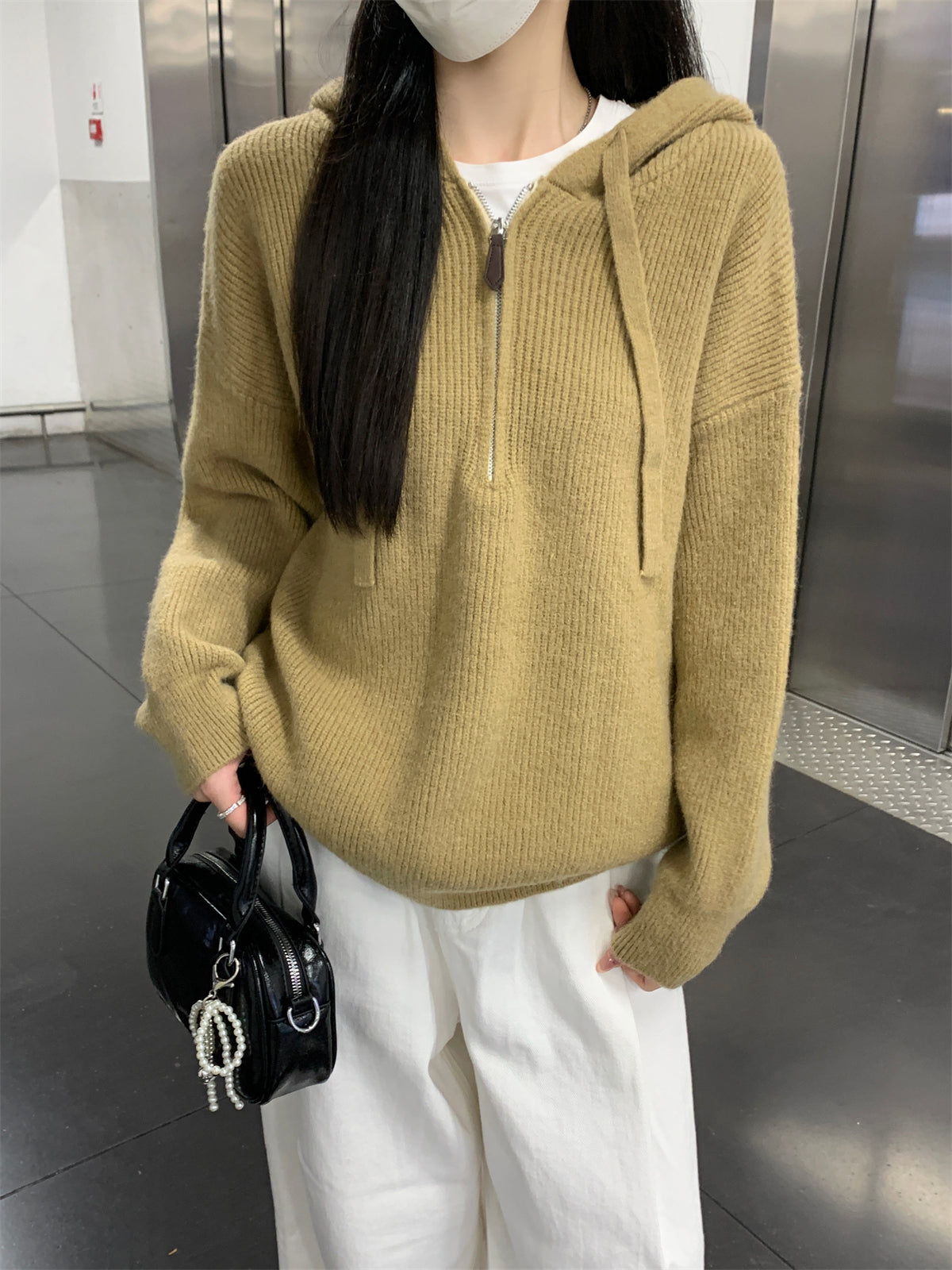 【F11431】實拍秋冬韓版寬鬆連帽北極絨針織衫241125