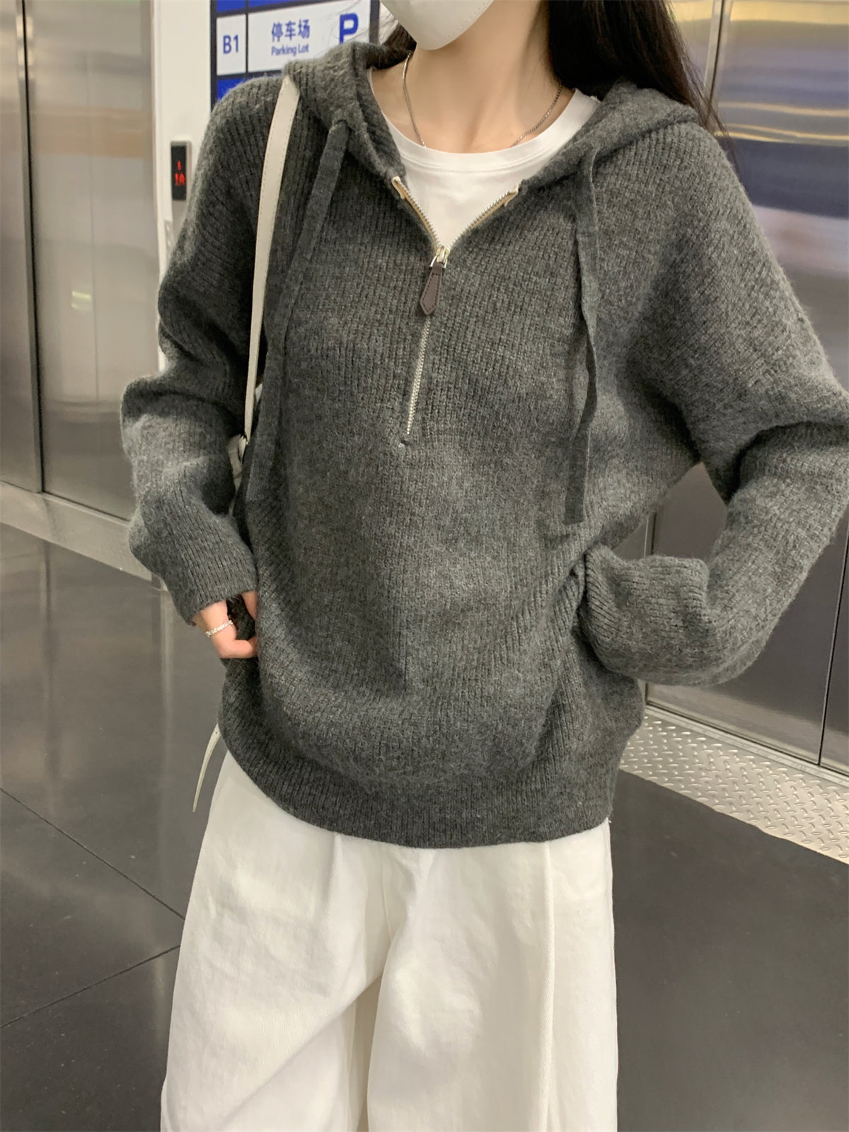【F11431】實拍秋冬韓版寬鬆連帽北極絨針織衫241125