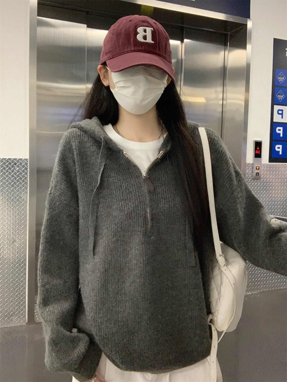 【F11431】實拍秋冬韓版寬鬆連帽北極絨針織衫241125