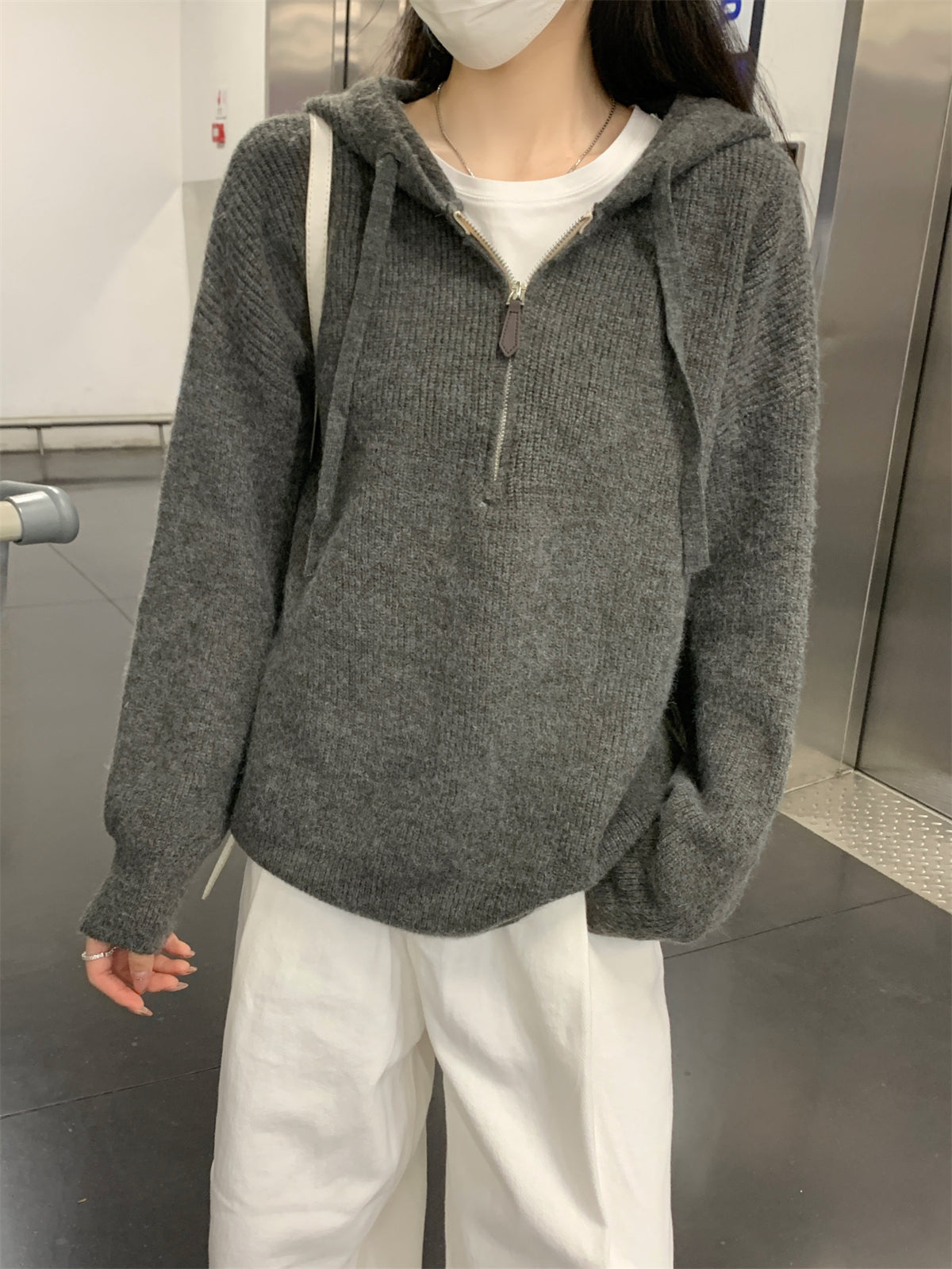 【F11431】實拍秋冬韓版寬鬆連帽北極絨針織衫241125