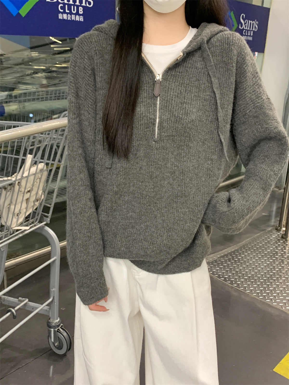 【F11431】實拍秋冬韓版寬鬆連帽北極絨針織衫241125
