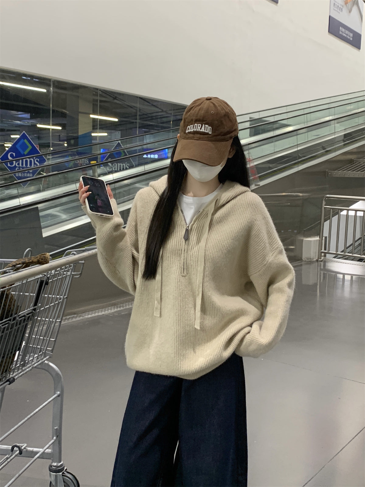 【F11431】實拍秋冬韓版寬鬆連帽北極絨針織衫241125