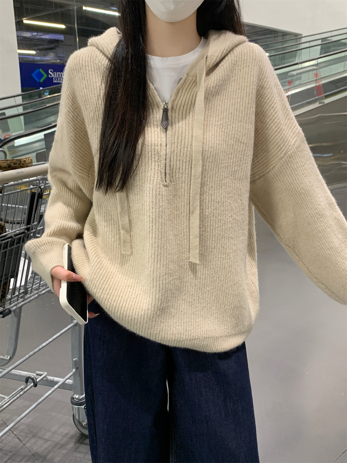 【F11431】實拍秋冬韓版寬鬆連帽北極絨針織衫241125