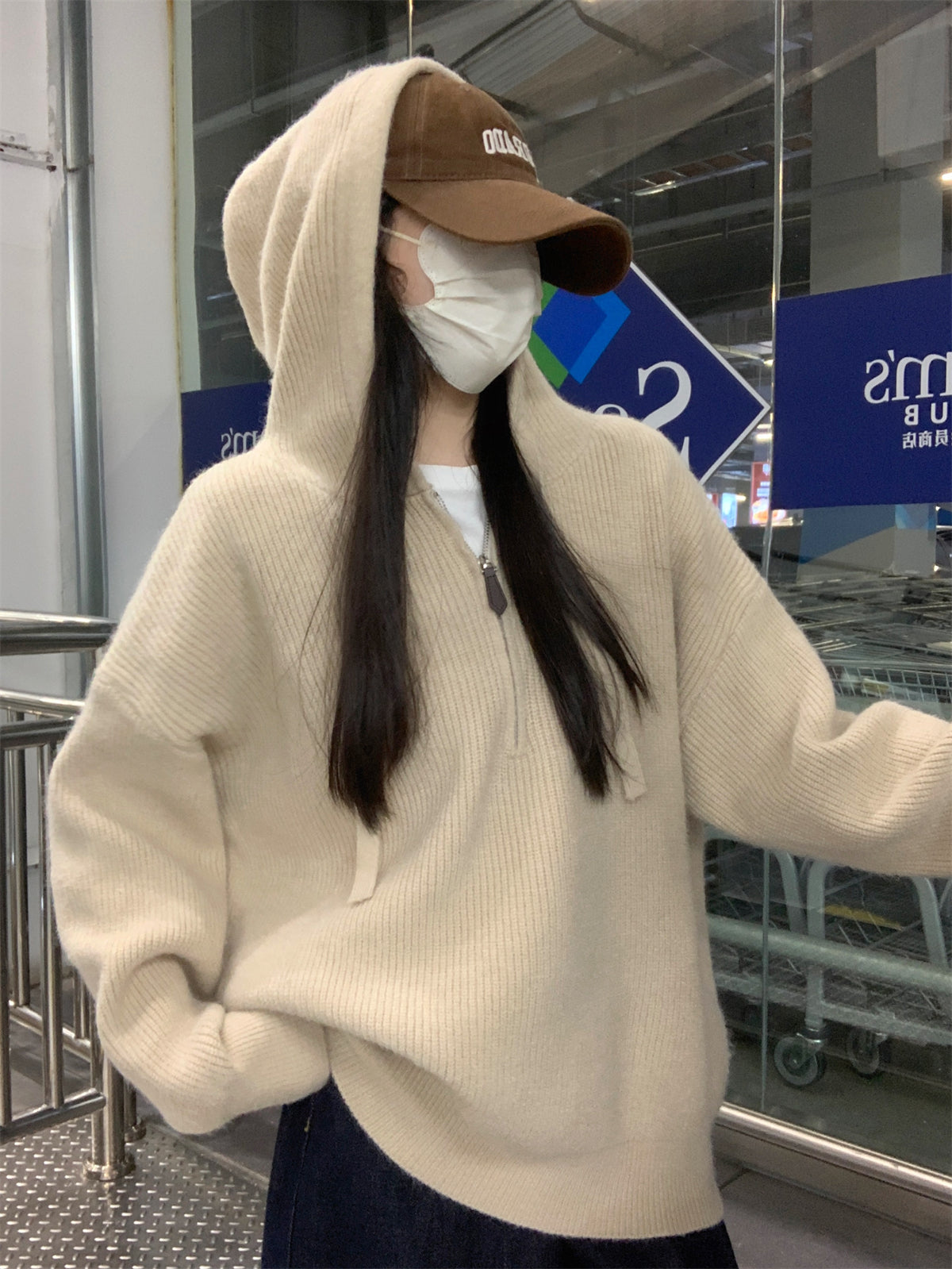 【F11431】實拍秋冬韓版寬鬆連帽北極絨針織衫241125