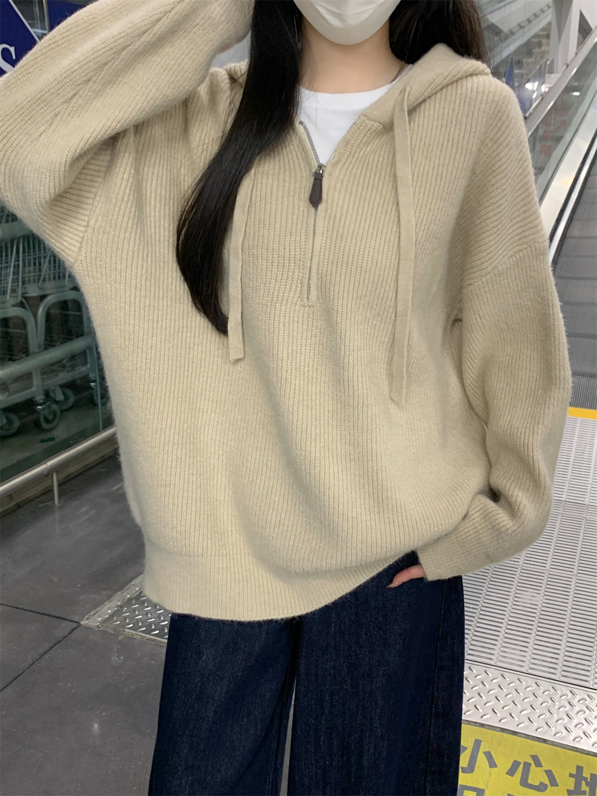 【F11431】實拍秋冬韓版寬鬆連帽北極絨針織衫241125