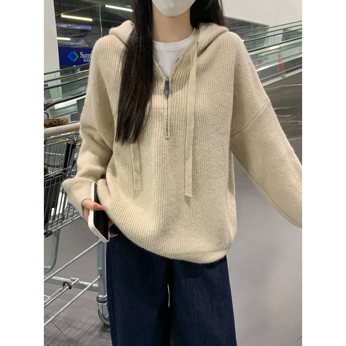 【F11431】實拍秋冬韓版寬鬆連帽北極絨針織衫241125