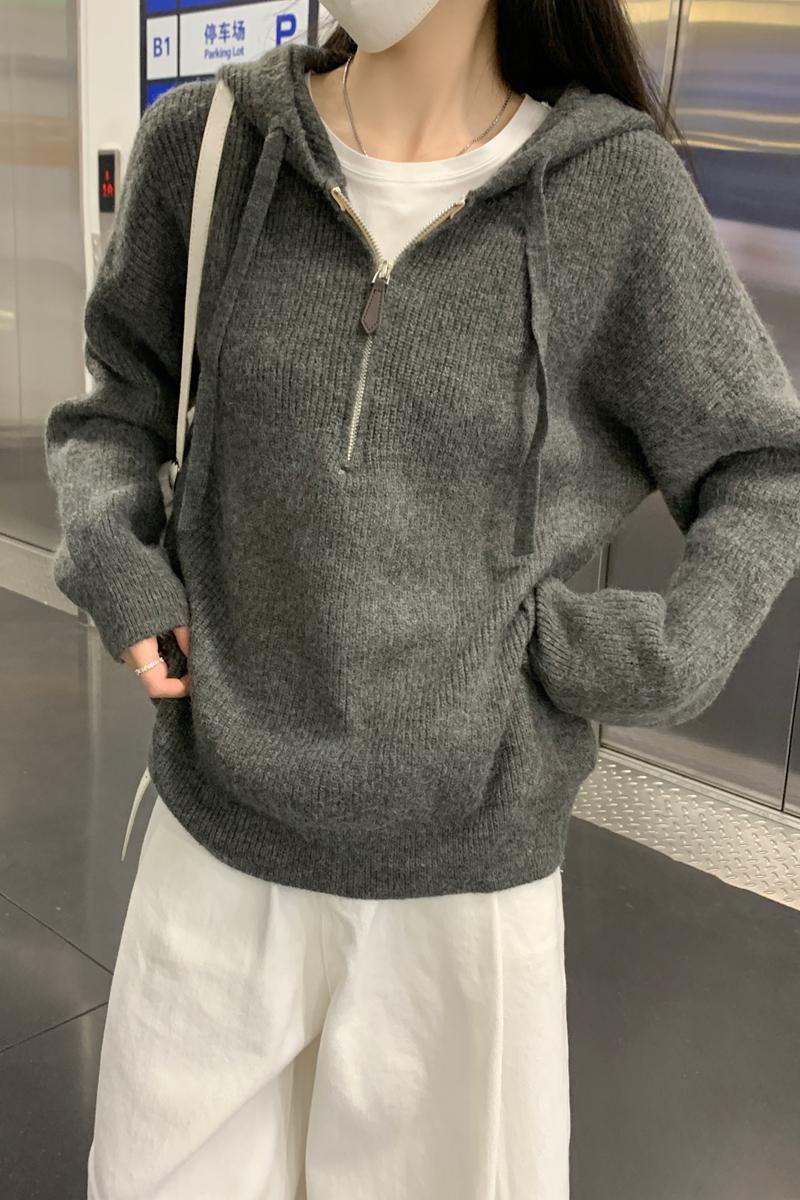 【F11431】實拍秋冬韓版寬鬆連帽北極絨針織衫241125