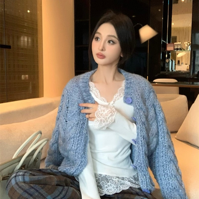 【F01128】實拍復古重工針織外套+蕾絲內搭上衣+休閒毛呢格子褲(分開下單)250106