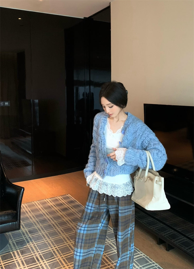 【F01128】實拍復古重工針織外套+蕾絲內搭上衣+休閒毛呢格子褲(分開下單)250106