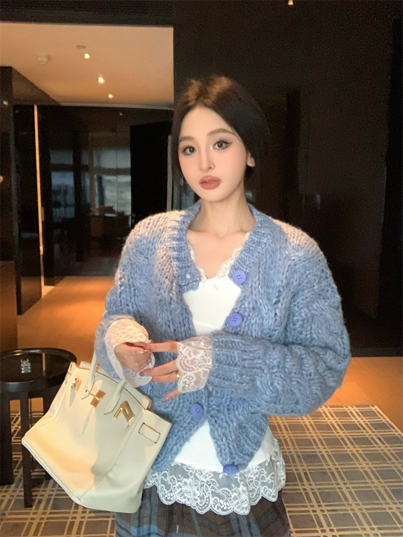 【F01128】實拍復古重工針織外套+蕾絲內搭上衣+休閒毛呢格子褲(分開下單)250106