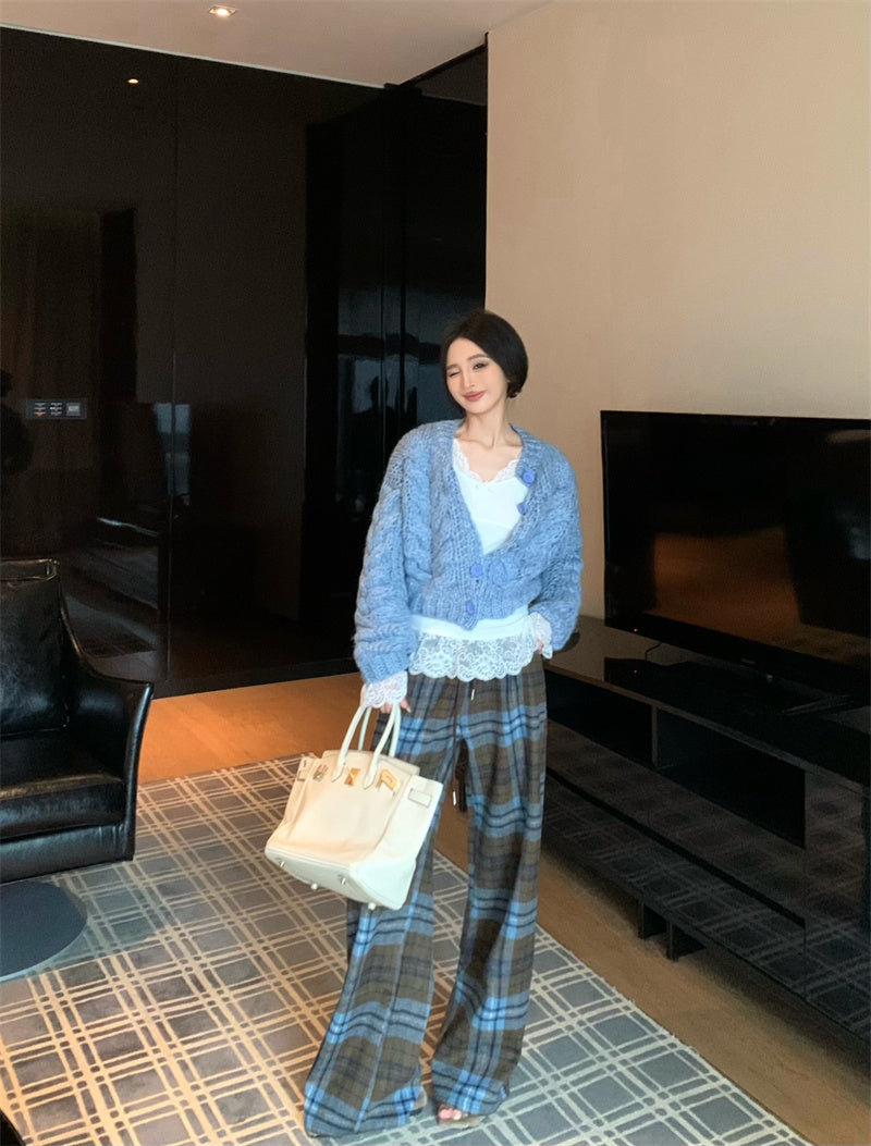 【F01128】實拍復古重工針織外套+蕾絲內搭上衣+休閒毛呢格子褲(分開下單)250106