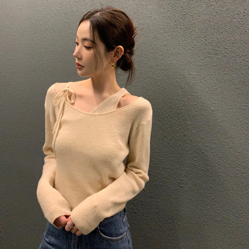 【F01123】韓國早春新款設計假兩件拼接背心性感針織上衣250106