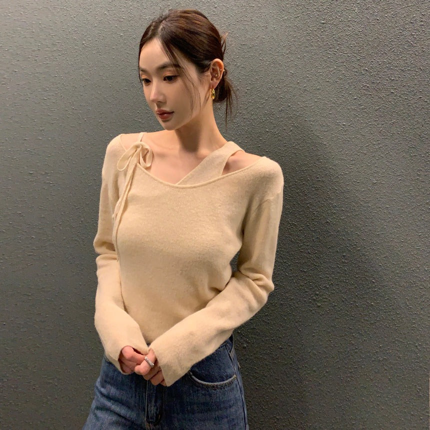 【F01123】韓國早春新款設計假兩件拼接背心性感針織上衣250106