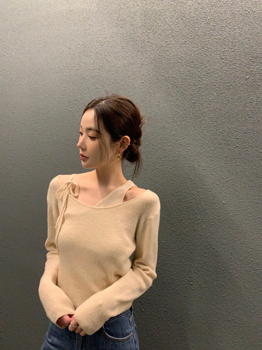 【F01123】韓國早春新款設計假兩件拼接背心性感針織上衣250106