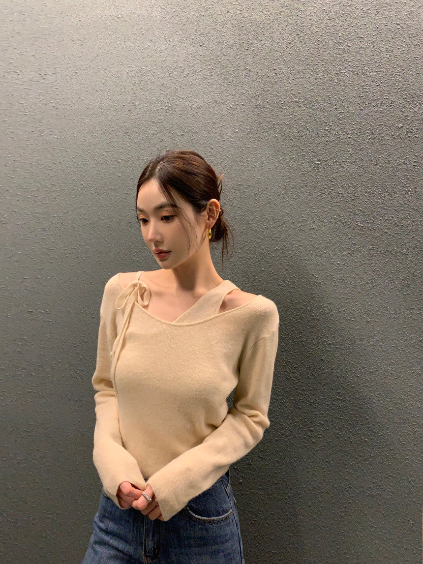 【F01123】韓國早春新款設計假兩件拼接背心性感針織上衣250106