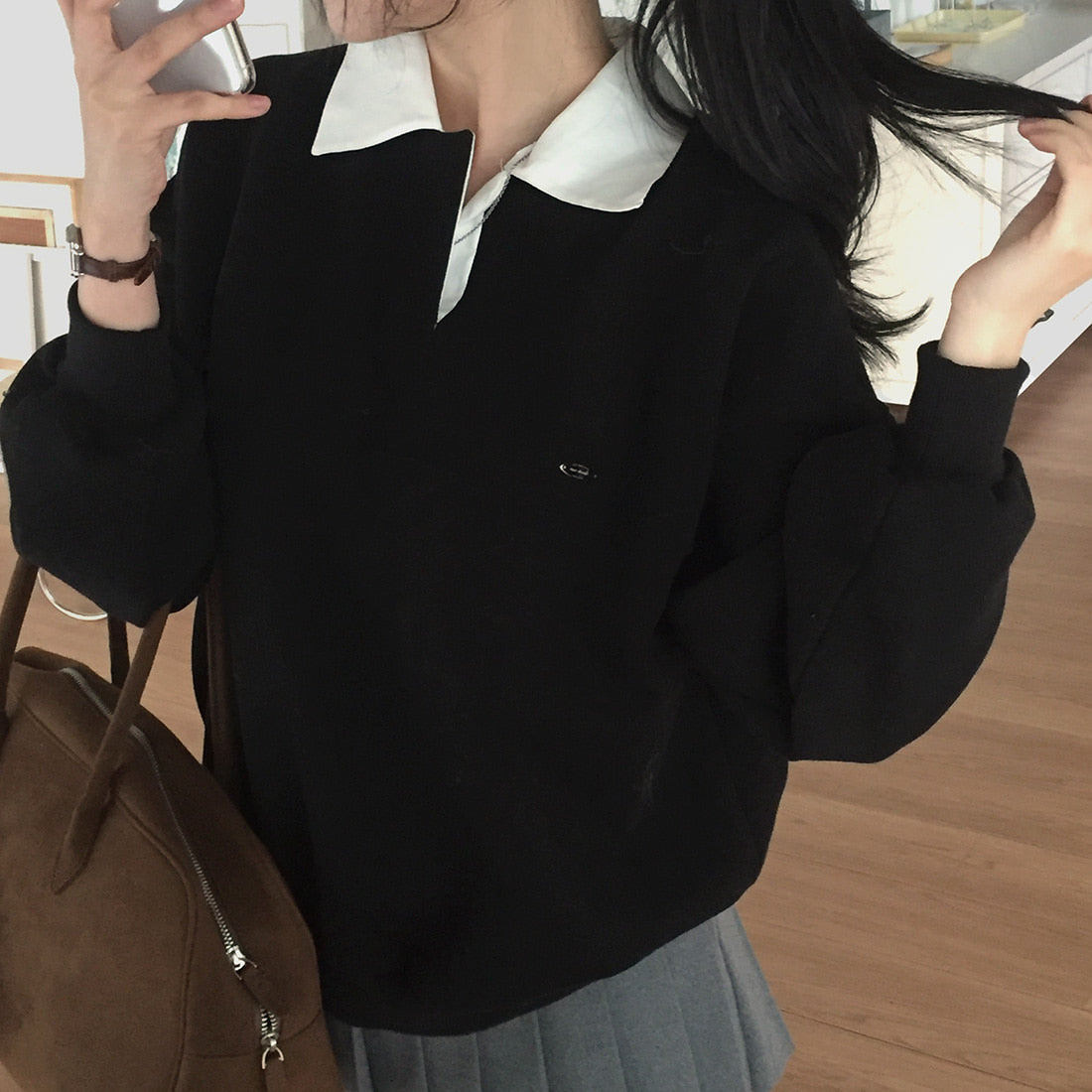 【F60114】韓國早春復古簡約寬鬆polo領長袖衞衣250212