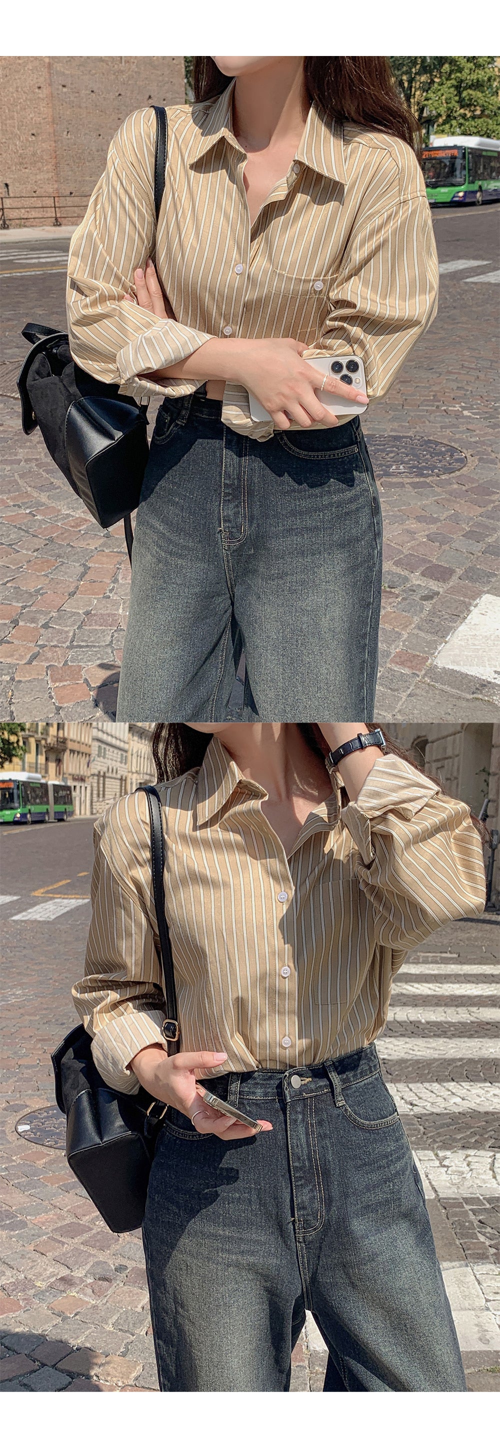 【F60138】實拍早春韓國條紋長袖襯衫250113250212