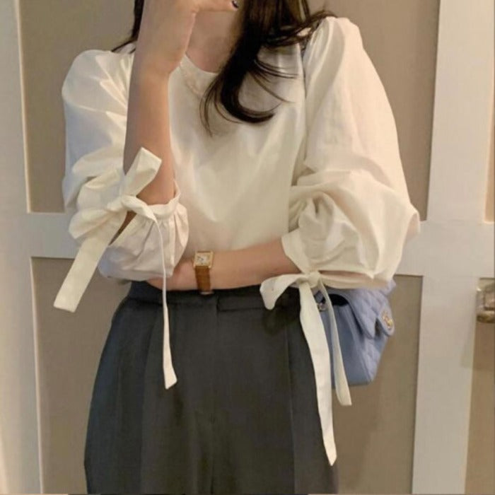 【F60189】春季設計感蝴蝶結綁帶燈籠袖襯衫250225