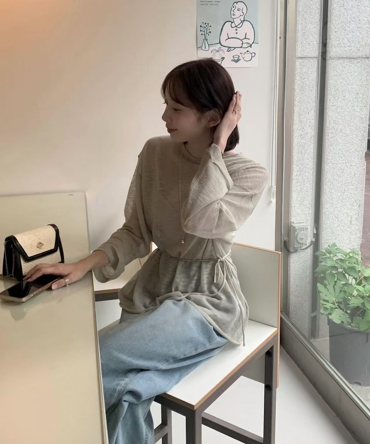 【F60125】韓國早春簡約氣質細腰長袖上衣250212