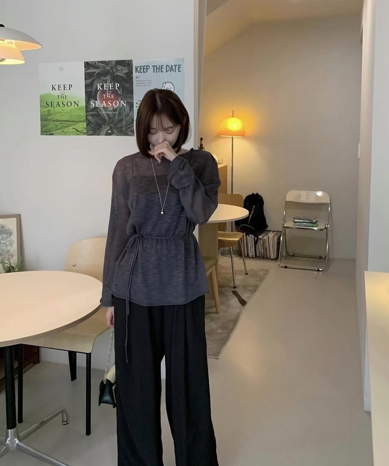 【F60125】韓國早春簡約氣質細腰長袖上衣250212