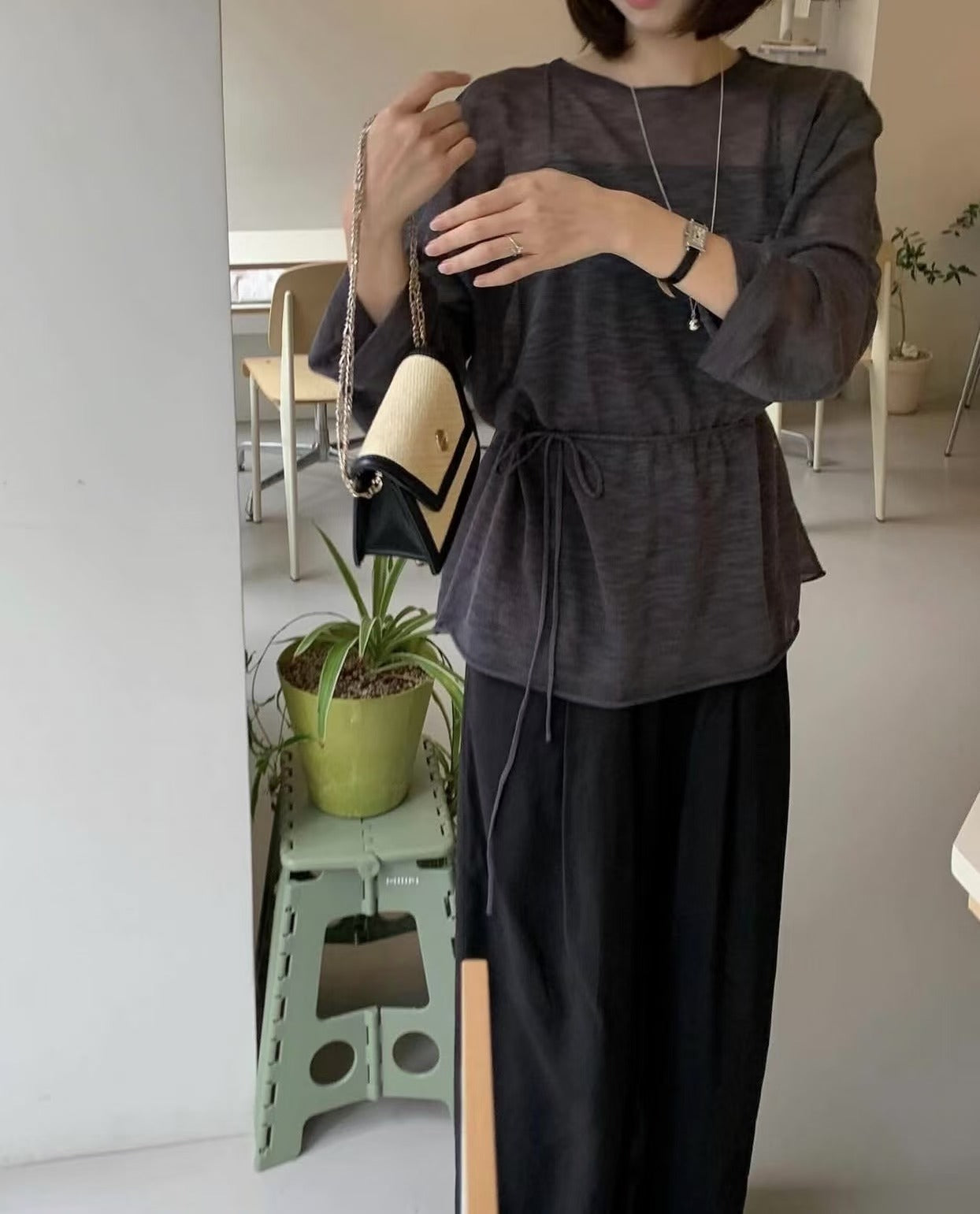 【F60125】韓國早春簡約氣質細腰長袖上衣250212