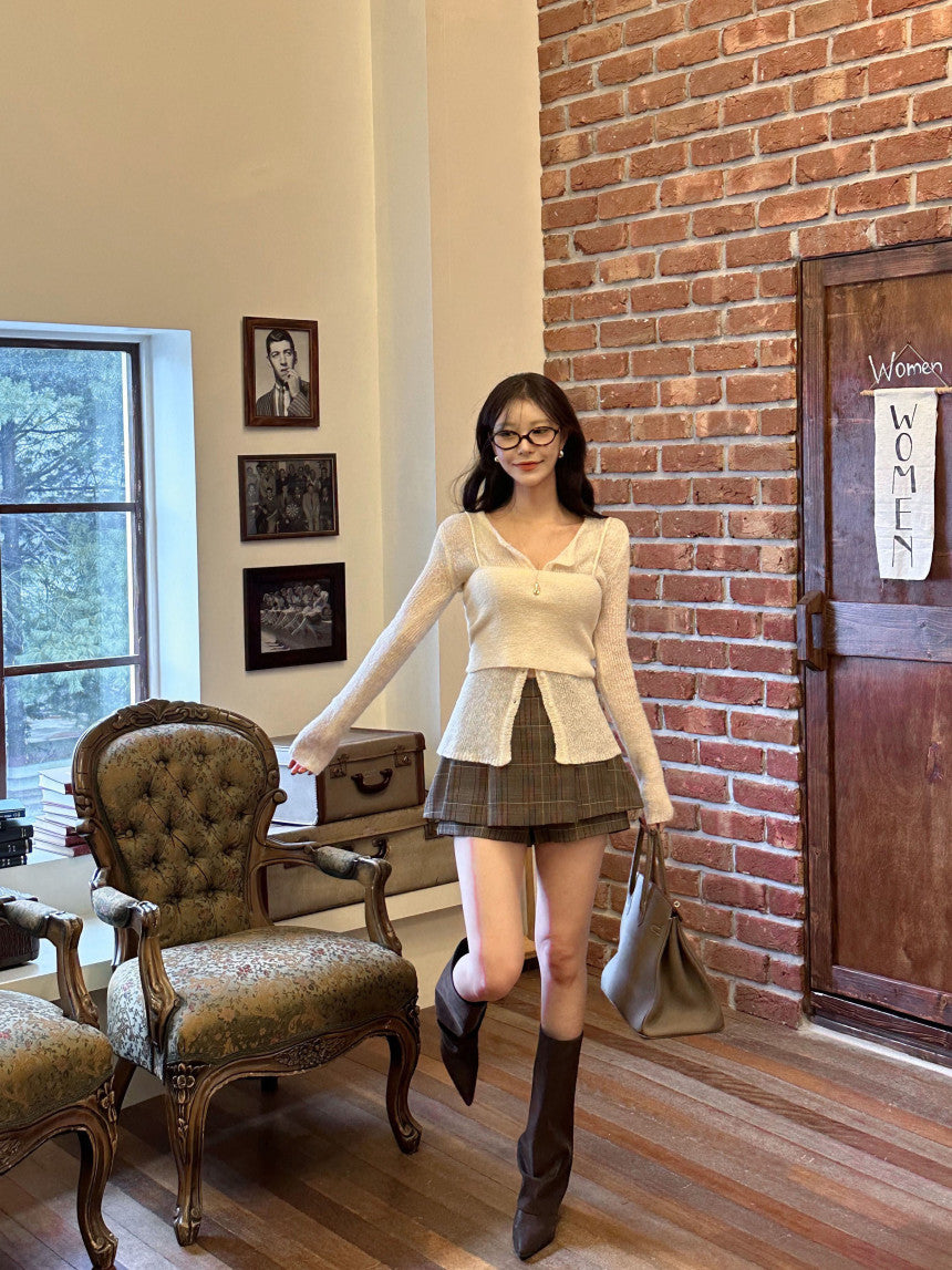 【F60119】韓國早春圓領簡約開衫針織+吊帶針織 套裝250212