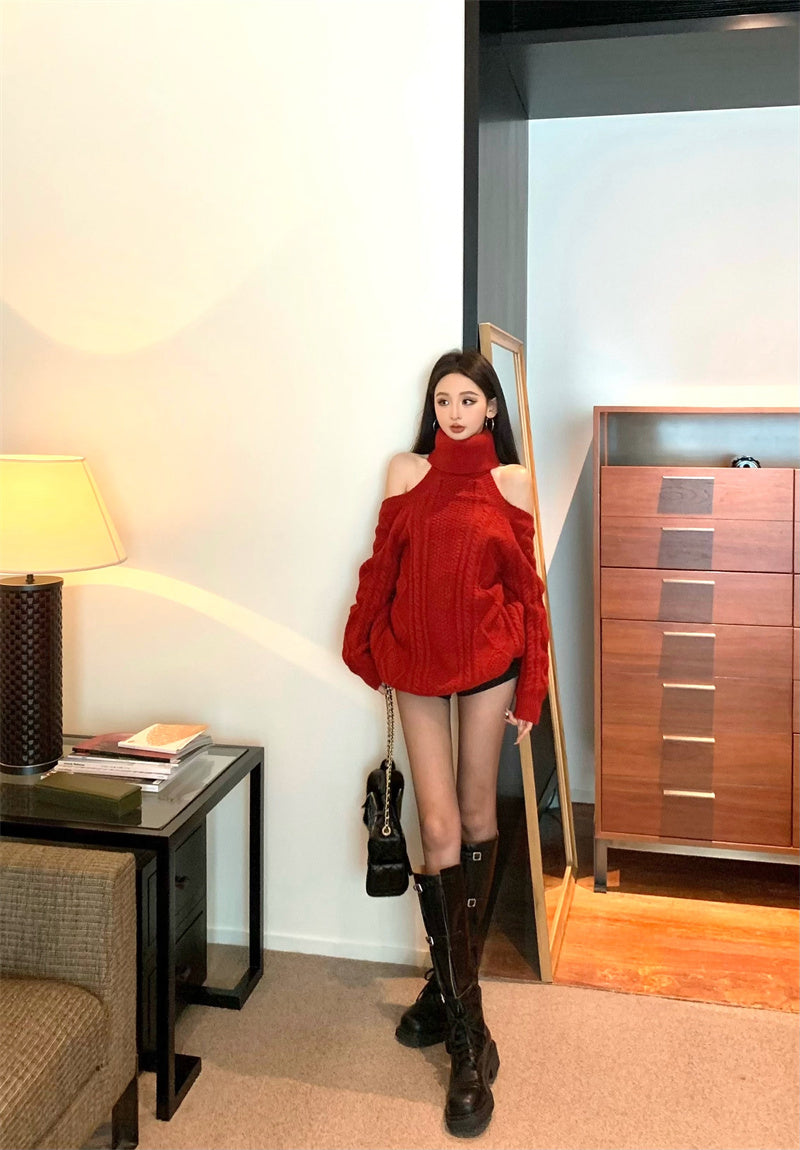 【F01233】實拍復古寬鬆慵懶露肩圍脖中長款毛衣250113