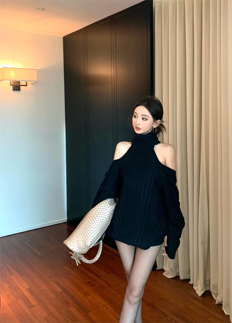 【F01233】實拍復古寬鬆慵懶露肩圍脖中長款毛衣250113
