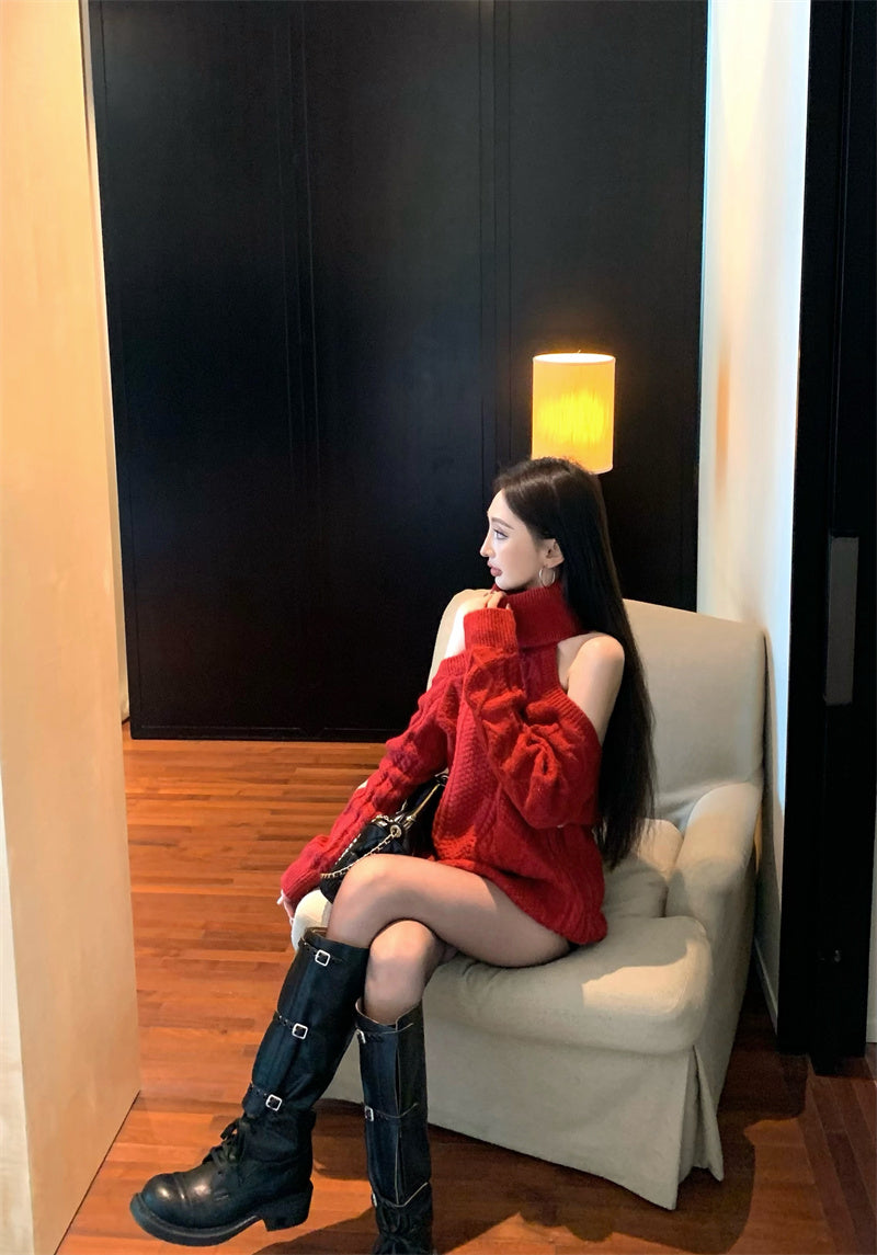 【F01233】實拍復古寬鬆慵懶露肩圍脖中長款毛衣250113