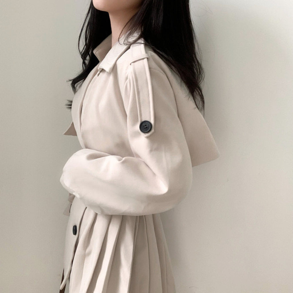 【F60122】韓國早春復古西裝領百褶風衣洋裝250212
