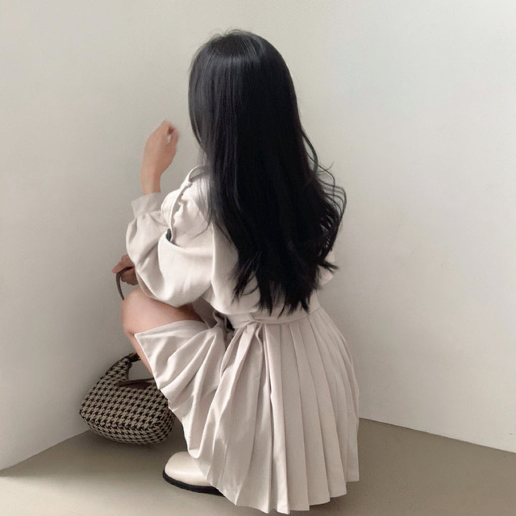 【F60122】韓國早春復古西裝領百褶風衣洋裝250212